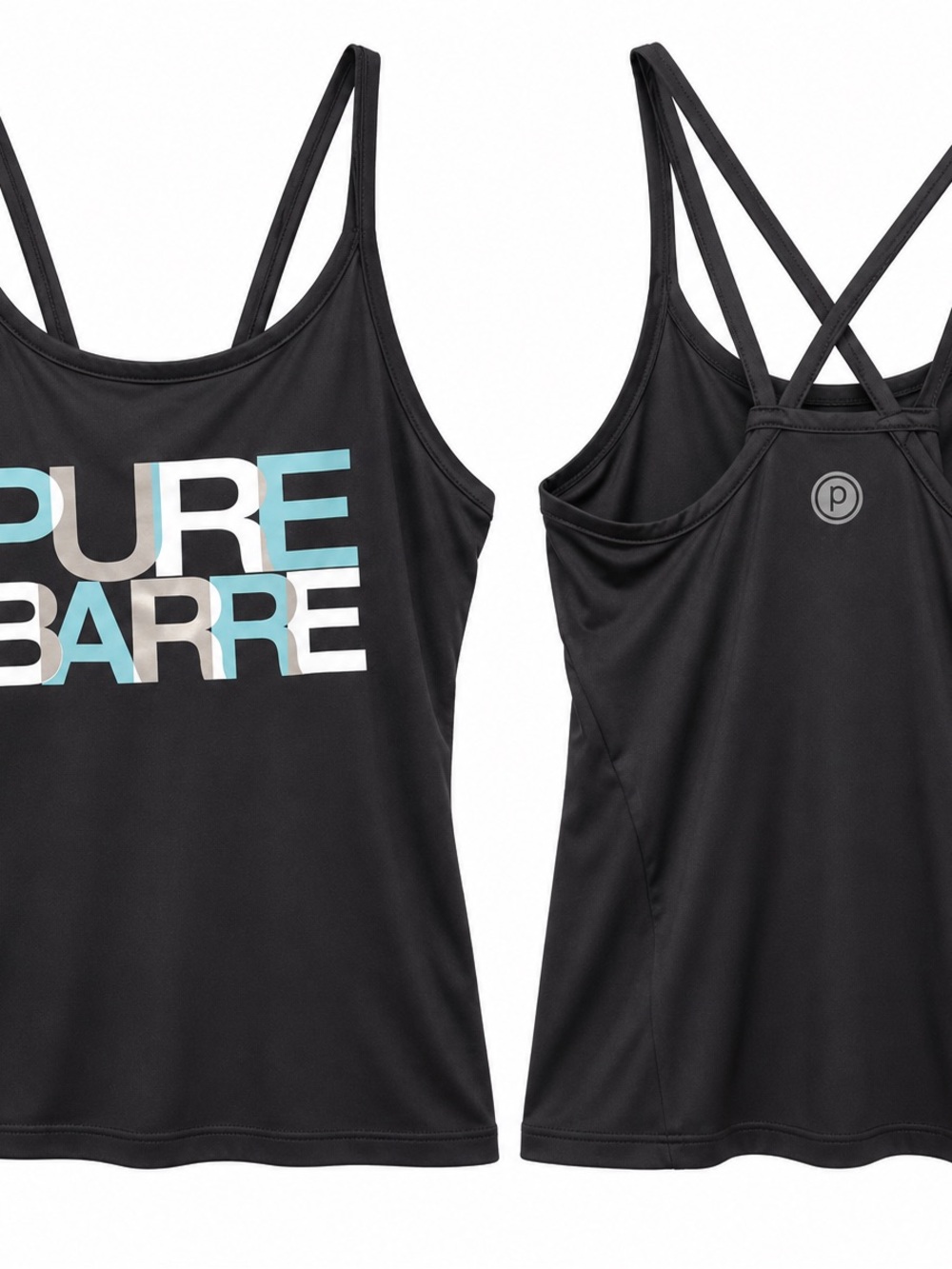 Pure Barre Black Strappy Logo Camisole with Blue & White Accents